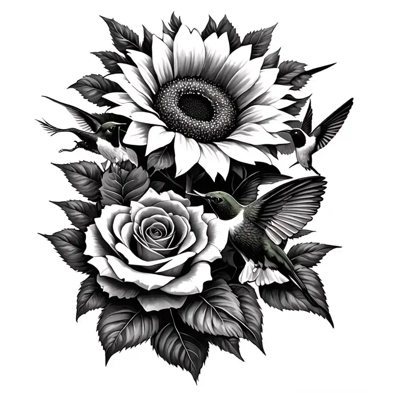 sunflowers and roses hummingbirds  tattoo design idea
