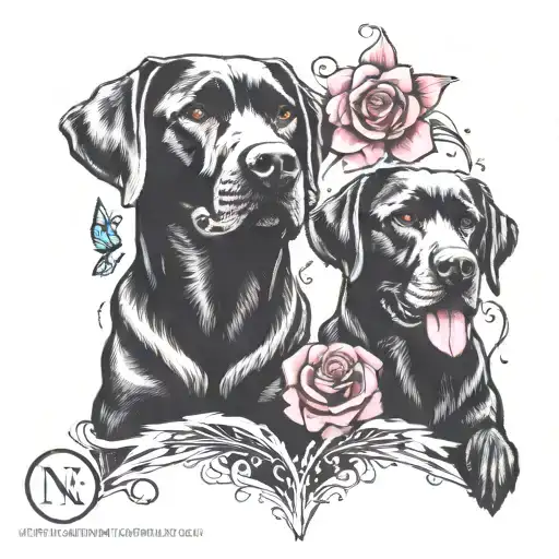 2 Black Labs and butterflies flying tattoo design idea