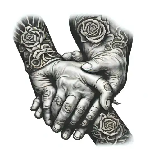 bicep sleeve, fathers hand holding 3x childrens hands. liam, noah and chloe tattoo design idea