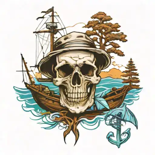 skull, ocean, redwood tree, boat fishing tattoo design idea