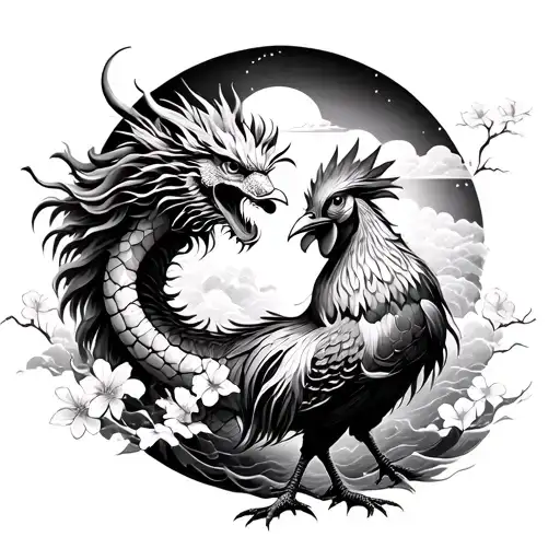 Chinese dragon and rooster facing each other full sleeve, clouds, waves and cherry blossoms as background tattoo design idea