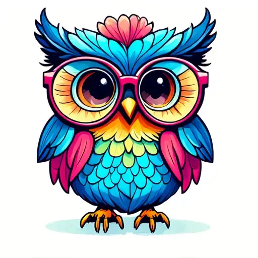 very cute and colorful owl with glasses nerfy tattoo design idea