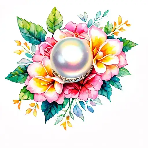 Chest Piece with a Pearl surrounded by Roses and plumeria flowers tattoo design idea