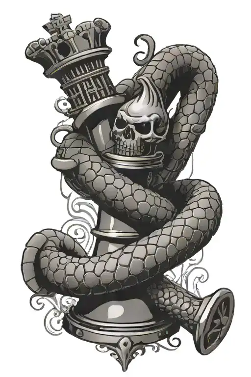 Rook chess piece with snake wrapped round with crossed swords in background on rook chess peice it says D.F.Q. tattoo design idea