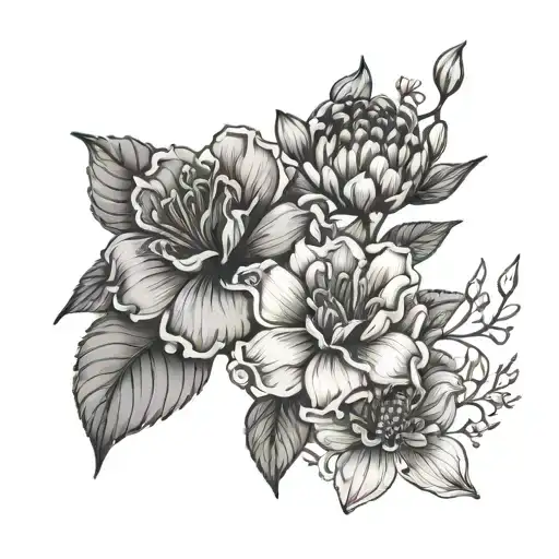 fine line july, april, and march birthflower bouquet with a cursive M  tattoo design idea