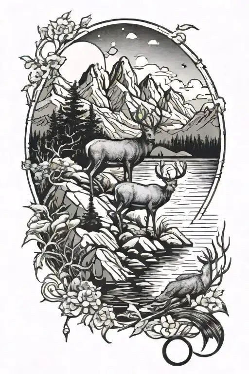 deer fish mountains lake cross western moonshine tattoo design idea