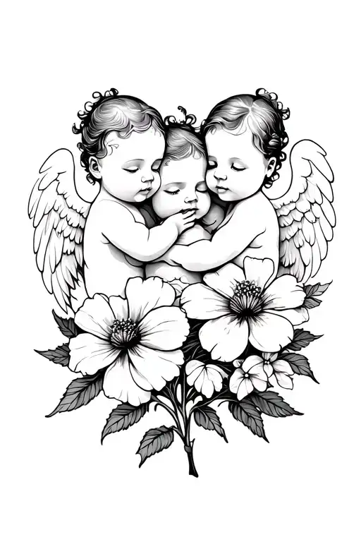 3 baby angels hear no speak no see and flowers blooming tattoo design idea