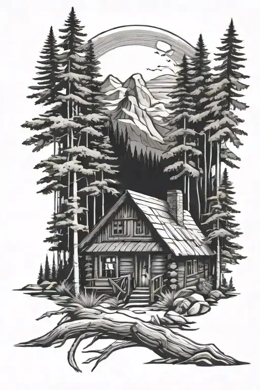 canadian cabin forest scene tattoo design idea