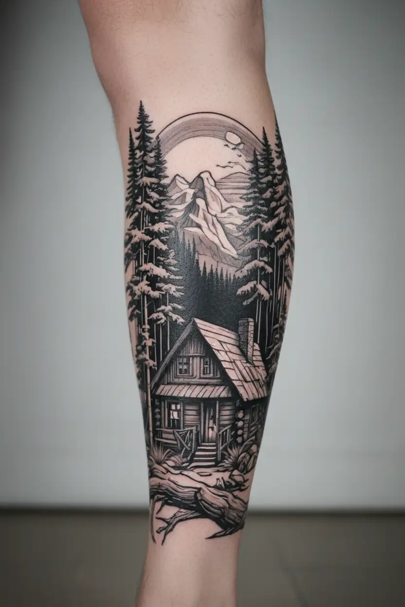 canadian cabin forest scene tattoo design idea