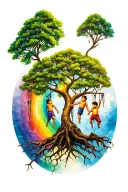 Tree of life with some rainbow color throughout and 3 boy children climbing the branches. In an oval border tattoo design idea