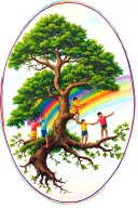 Tree of life with some rainbow color throughout and 3 boy children climbing the branches. In an oval border tattoo design idea