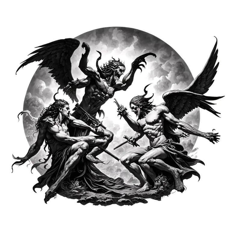 hell vs heaven in a war setting shows demons slaying angels and vice versa tattoo design idea