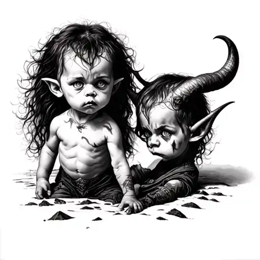 "A dark surreal tattoo scene: A demonic child, small but powerful, with sharp eyes and twisted horns, stands face to fac tattoo design idea