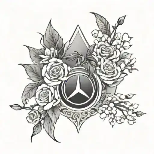 Roses, cherry blossoms and a mercedes benz logo combined together tattoo design idea