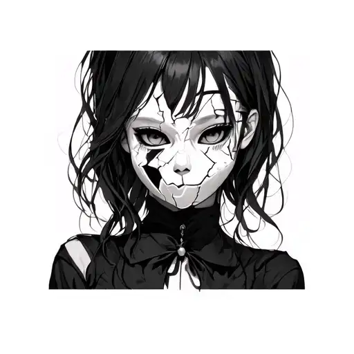 anime girl with a broken porcelain mask tattoo design idea