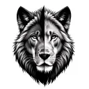 half the face of a wolf and half the face of a lion and behind each one its habitat tattoo design idea