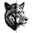 half the face of a wolf and half the face of a lion and behind each one its habitat tattoo design idea