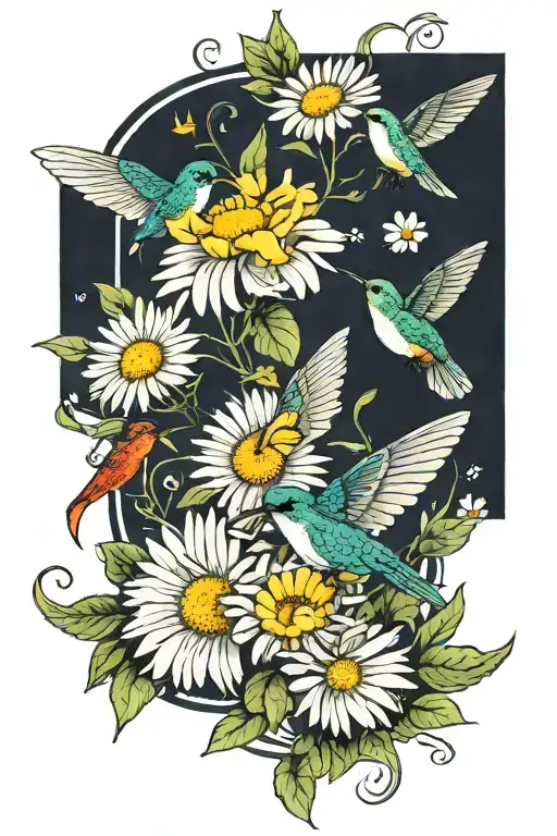 white daisy yellow butterfly hummingbirds flying tattoo design idea