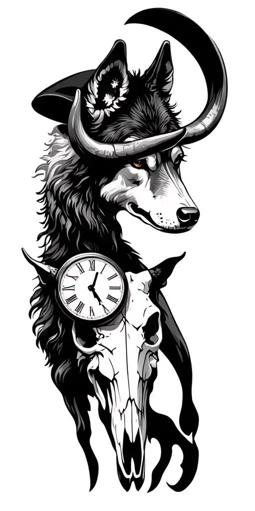Cowgirl wolf brocken clock compas longhorn bull skull tattoo design idea