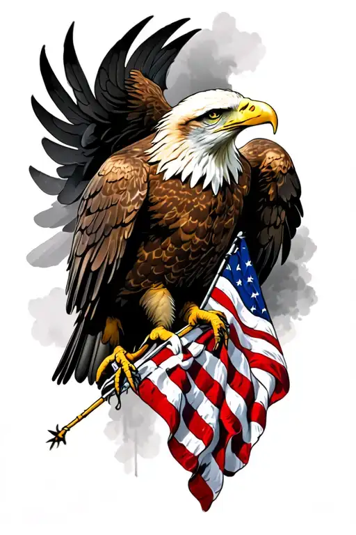 A patriotic tattoo featuring an eagle clutching the American flag in its talons, set against a black and grey background tattoo design idea
