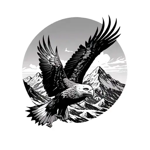 A detailed blackwork tattoo of a majestic eagle soaring over a mountain range tattoo design idea