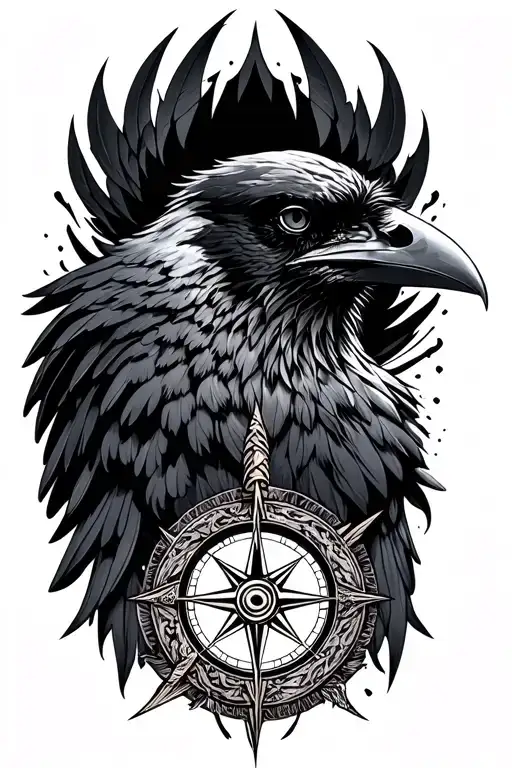 raven and norse compass with intricate details tattoo design idea