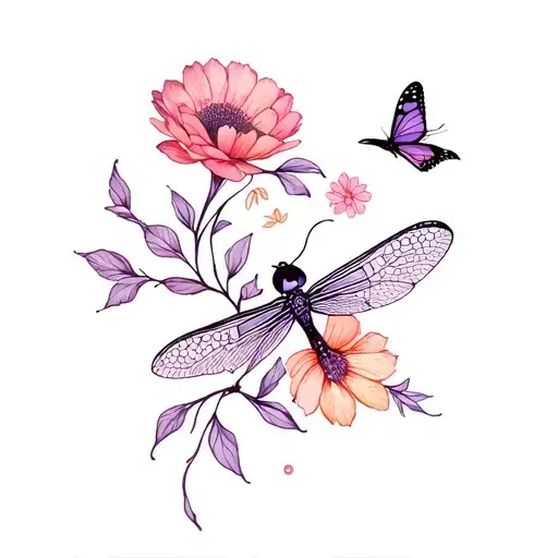 Pretty and feminine with pink purple orange type color palette, flowers maybe birds or dragon flies or butterflies uniqu tattoo design idea