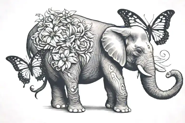 elephant holding a butterfly within her trunk tattoo design idea