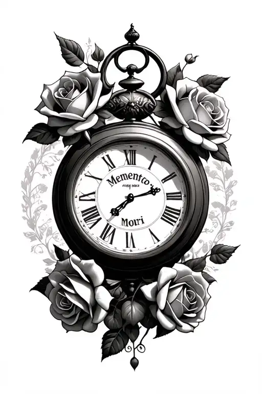 clock with roses and a phrase 'memento mori' tattoo design idea