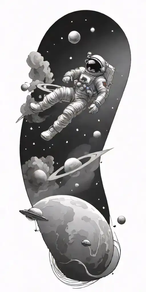 astronaut in space with planets and stars with heaven in the distance. tattoo design idea
