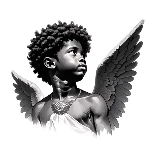 realistic African American angel boy with Afro praying with head looking slightly up for a neck tattoo tattoo design idea