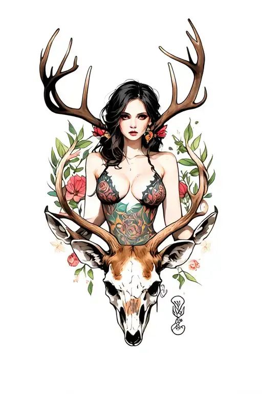sexy woman with deer skull head tattoo design idea
