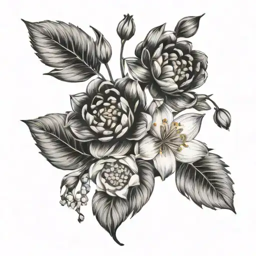 birthflower bouquets lily of the valley, water lily, narcissis, peony, tree of life, minimalist  tattoo design idea