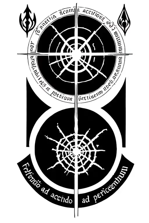 web of wyrd inside vegvisir symbol surrounded by the phrase patientia ad accipiendum, fortitudo ad perficiendum tattoo design idea