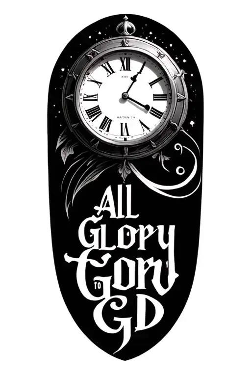 Clock tattoo with space for a quote undernear in a small font saying "All glory to god" tattoo design idea
