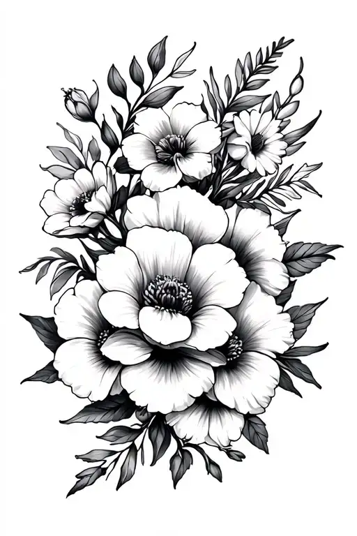 half sleeve tattoo with April, July, August, September, October and November birth flowers tattoo design idea