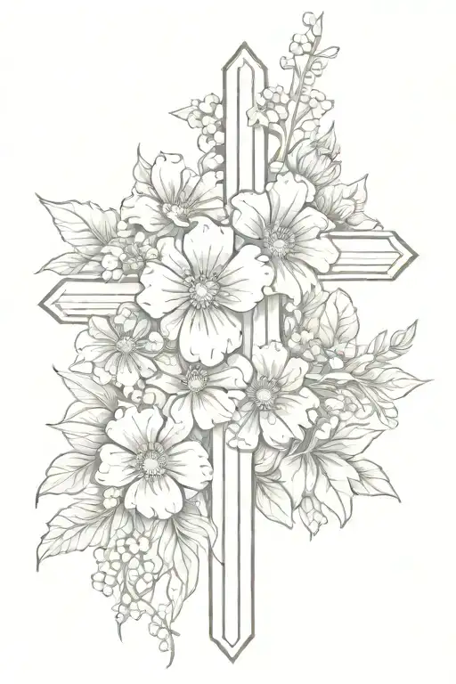 cross with birth flowers of July, October, and December  tattoo design idea