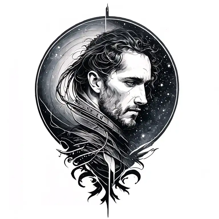 Fine line black and grey tattoo on the left shoulder down the arm.  The movie interstellar theme mixed with the lord of  tattoo design idea