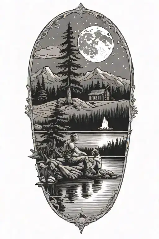 Man, woman, child, sitting at campfire overlooking lake. Trees, mountains, moon in background. Cabin on the shore tattoo design idea