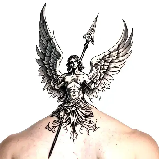 neck tattoo of a angel of cover the skale death with spear going through the words tattoo design idea