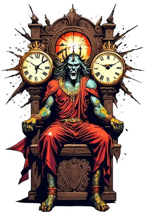 hades Greek good sitting on throne with broken clocks and the all seeing eye tattoo design idea