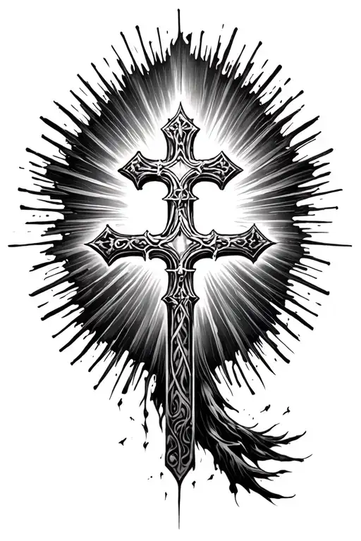 Epic black and white full-back tattoo with a large Crusader cross as the center, radiating divine light. Around it, the  tattoo design idea