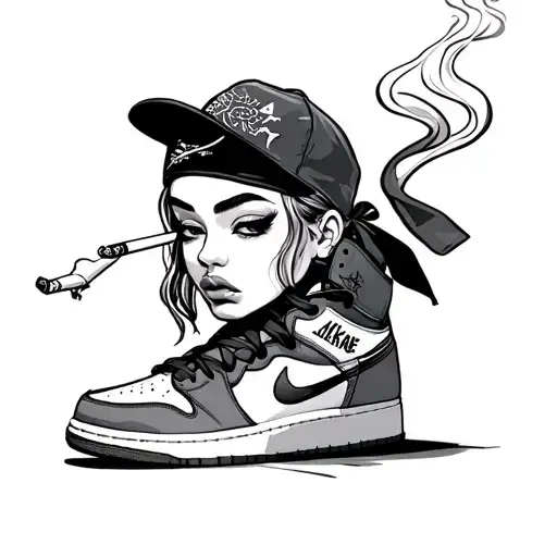cartoon white girl waring jordans and a bandana smoking. a cigarette tattoo design idea