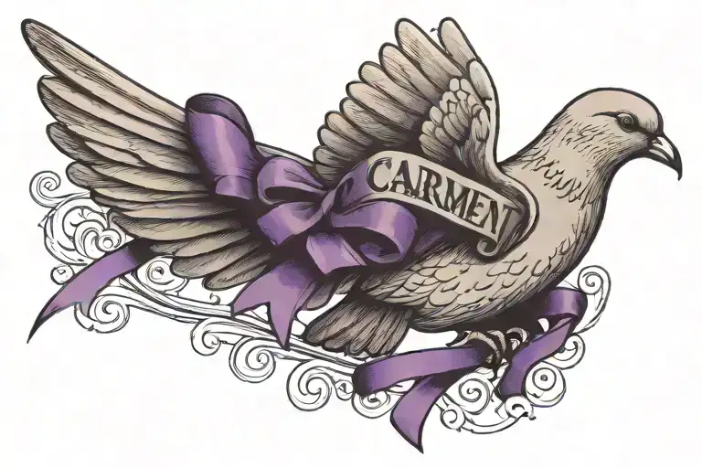 A sketch tattoo of a dove carrying a purple ribbon in its beak, symbolizing peace, love, and your faith, with the name 'Carmen' subtly incorporated in the design tattoo design idea