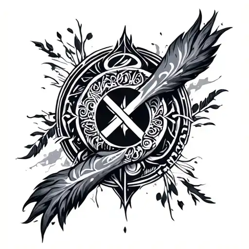 Realistic black and grey forearm sleeve tattoo, extending to the shoulder. Clear Kök Tengri symbol on top. Subtle  tattoo design idea