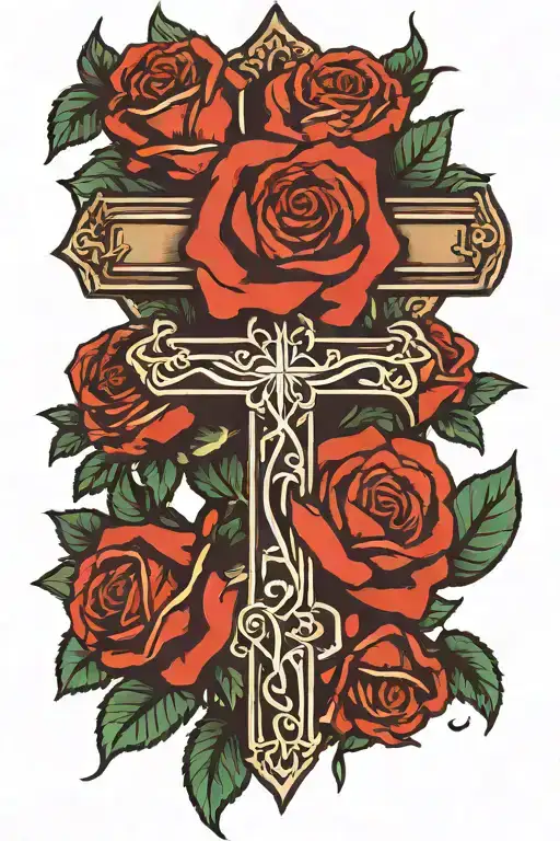simple cross and roses wrapped tattoo design idea