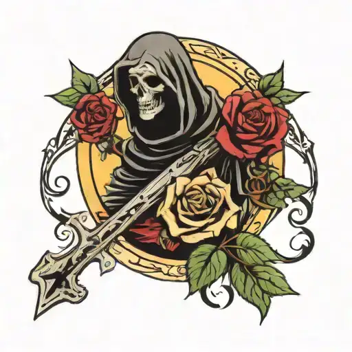 rose,sun,grim reaper holding cross tattoo design idea