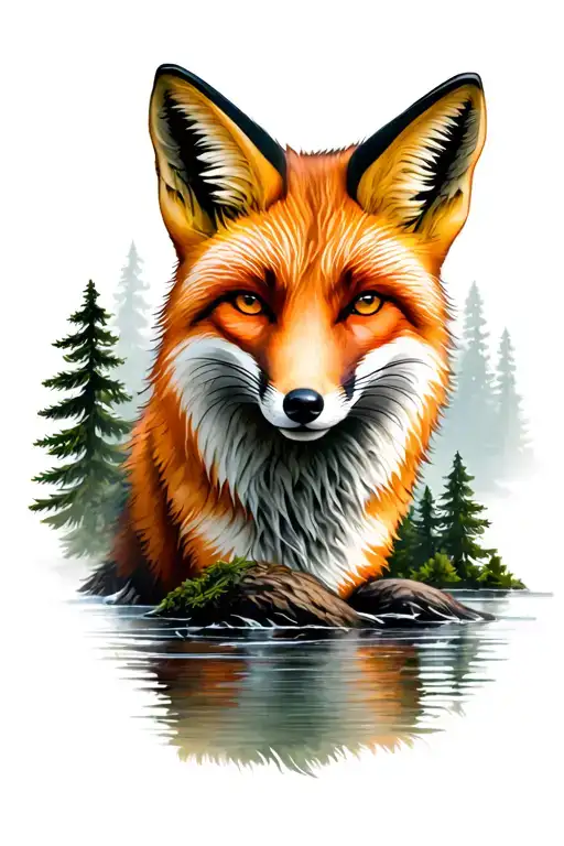 Fox, Stream with Pinetrees tattoo design idea