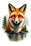 Fox, Stream with Pinetrees tattoo design idea