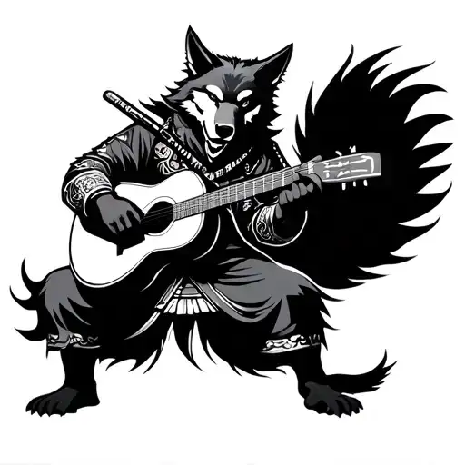 neo japanese samurai wolf playing traditional japanese guitar tattoo design idea